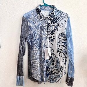 Cino Crinkle Cotton Voile Button Down Blouse in Blue, White New w Tags XL